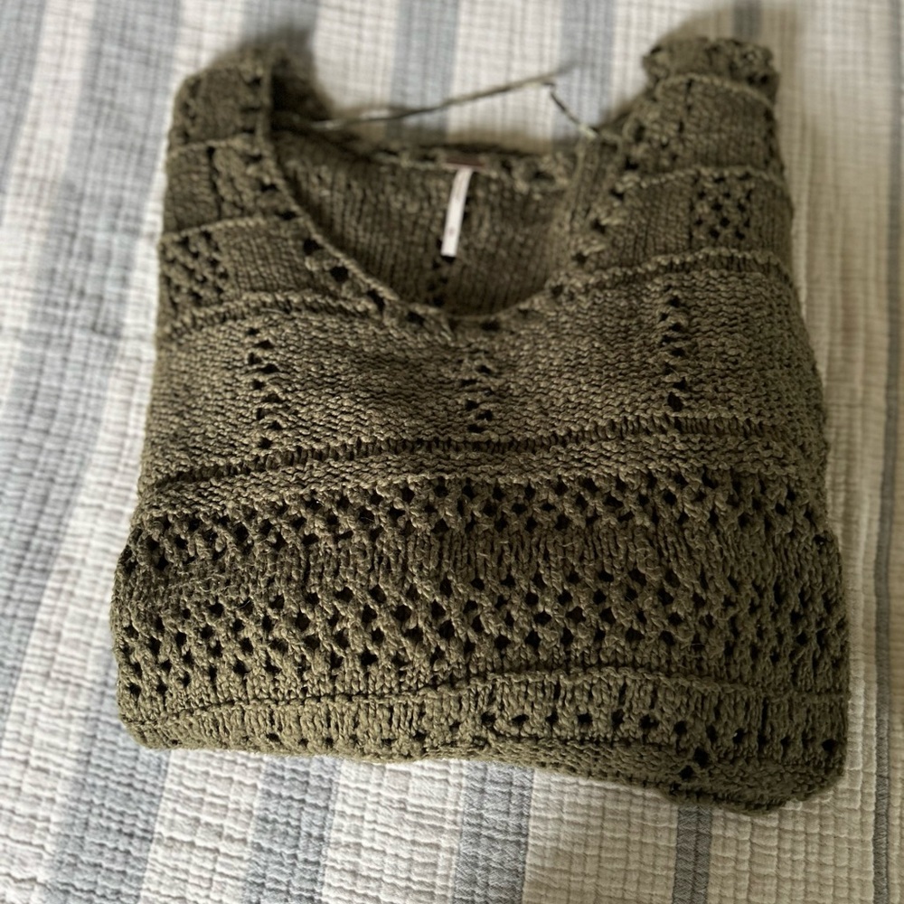 Free People Green Crew Neck Sweater with Intricate Openwork